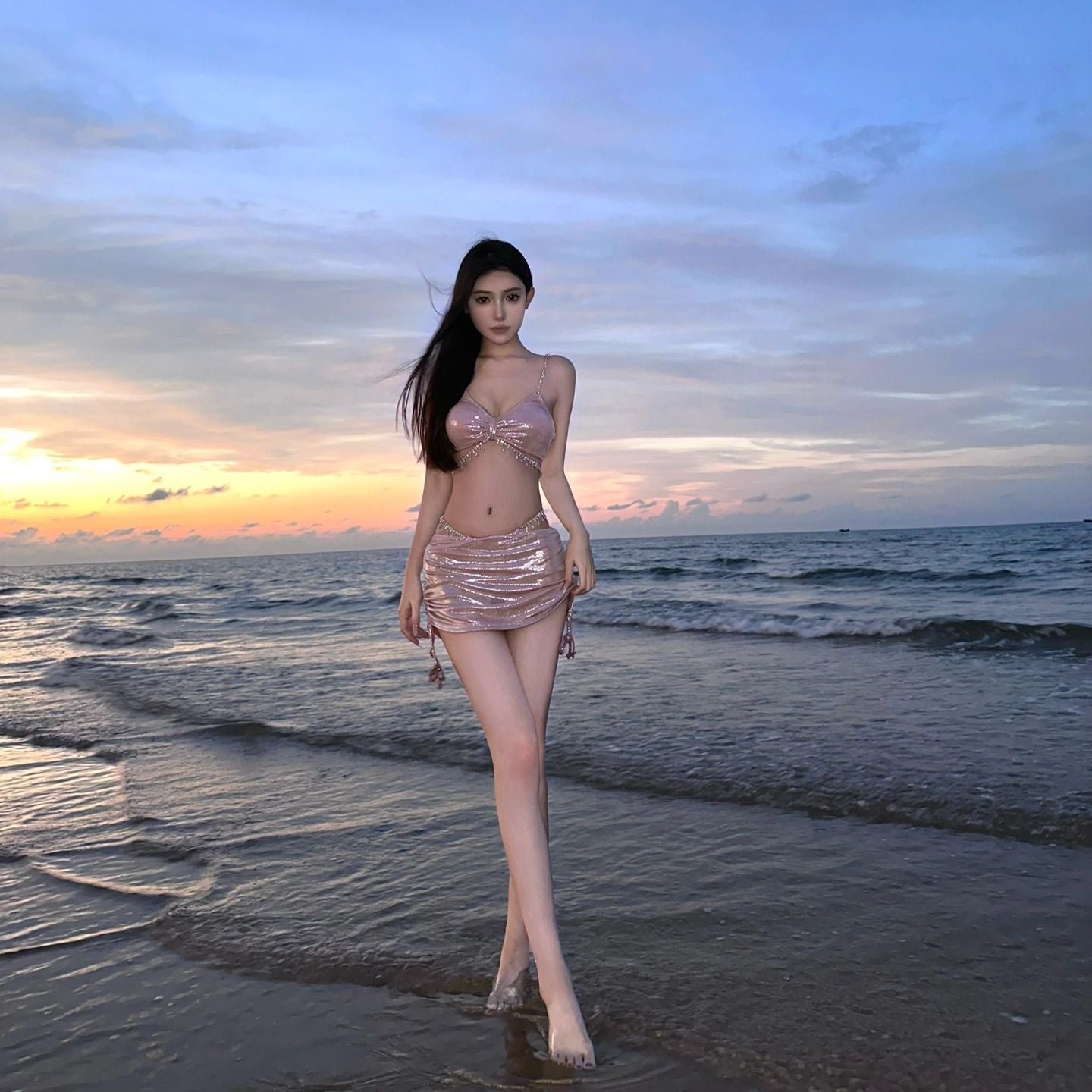 Black Velvet Crystal Tassel Three Piece Bikini Set | Rhinestone Strap Bra Top & Ruched Mini Skirt | Luxury Glam Korean Swimwear Women