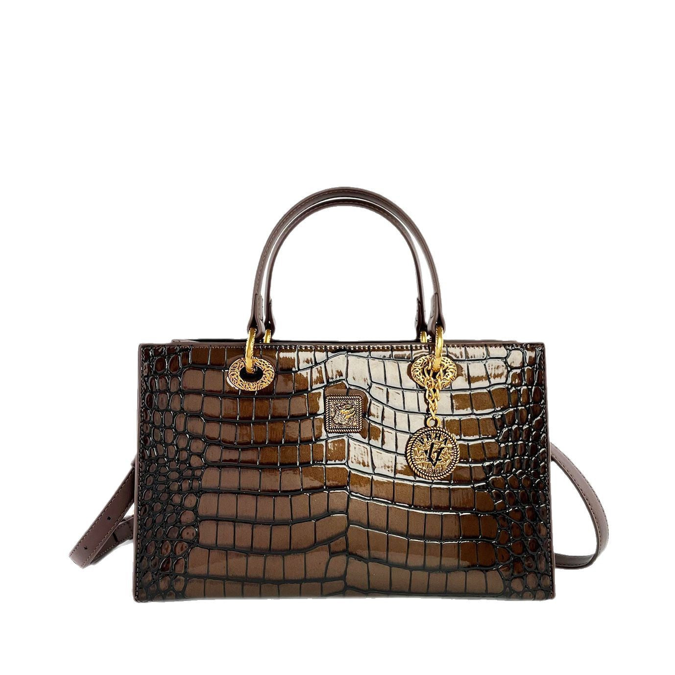 Crocodile Embossed Luxury Handbag Set - Gold & Bronze Tote Bags with Medallion Charms | Designer Style Structured Bags
