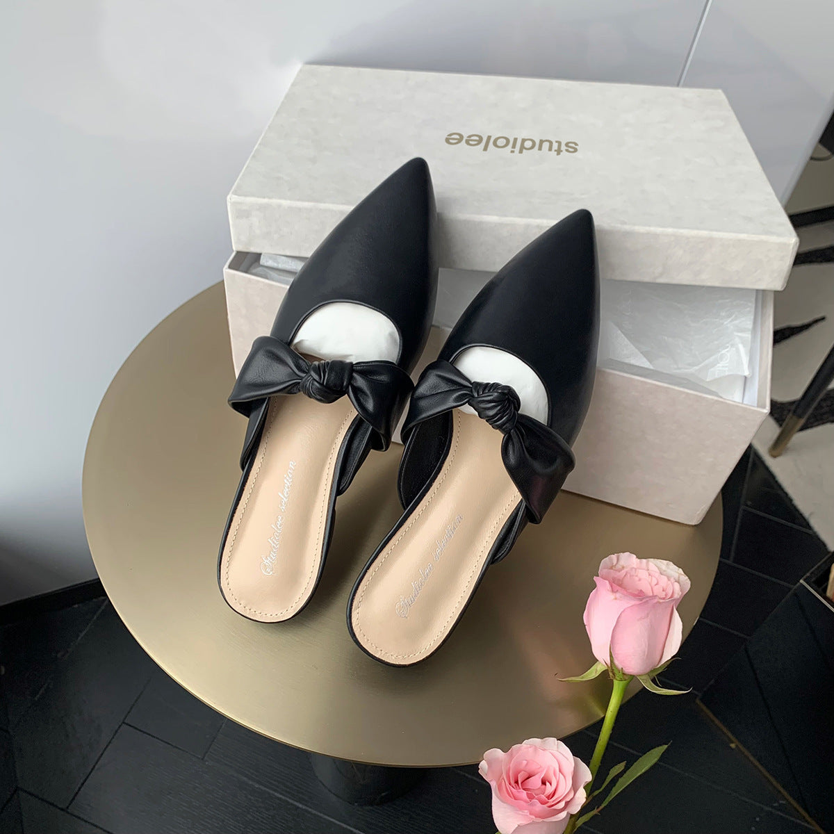 White Pointed Toe Knot Mule Flats | Slip-On Leather Backless Shoes for Women