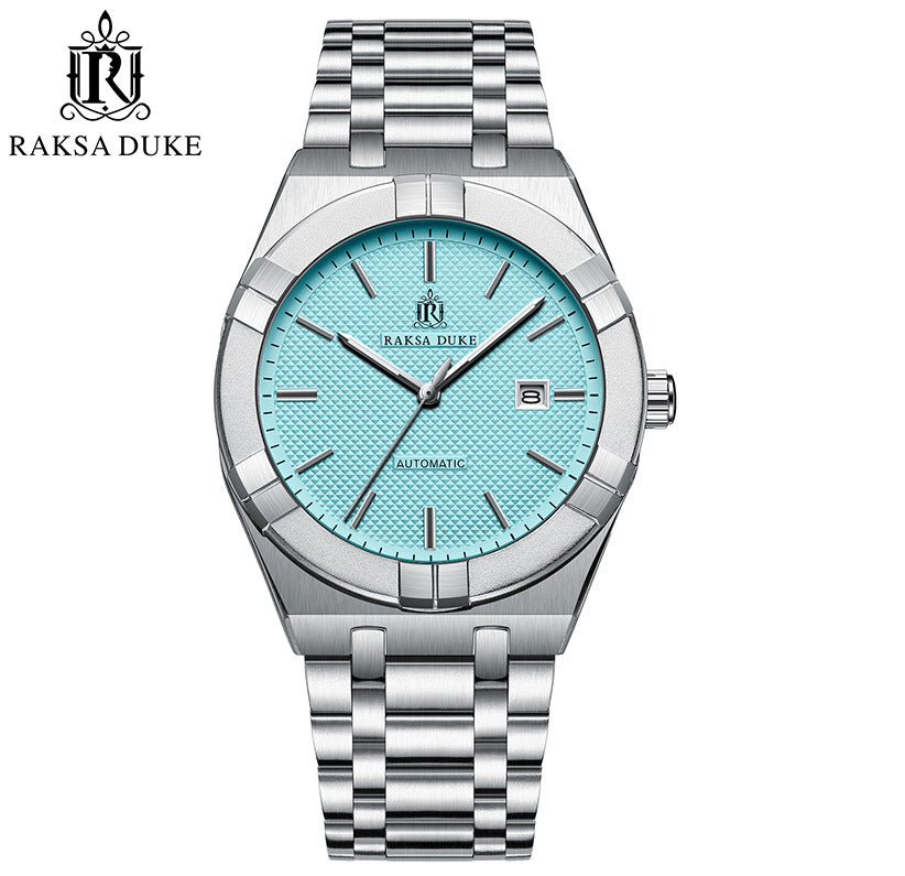 RAKSA DUKE Men's Automatic Watch | Black Textured Dial | Brushed Stainless Steel Bracelet | Self-Winding Mechanical Dress Watch with Date