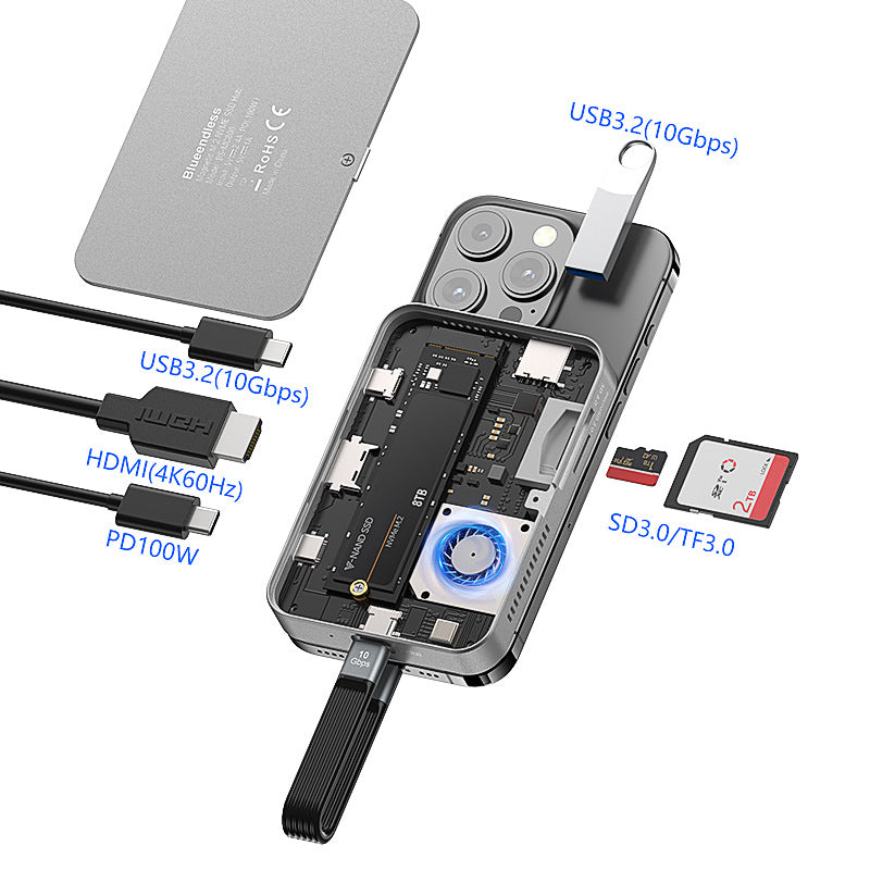 Magnetic 8-Port Docking Station with Hard Drive Enclosure & Built-In Turbo Fan | MagSafe iPhone Hub | 10Gbps USB-C SD Card Reader