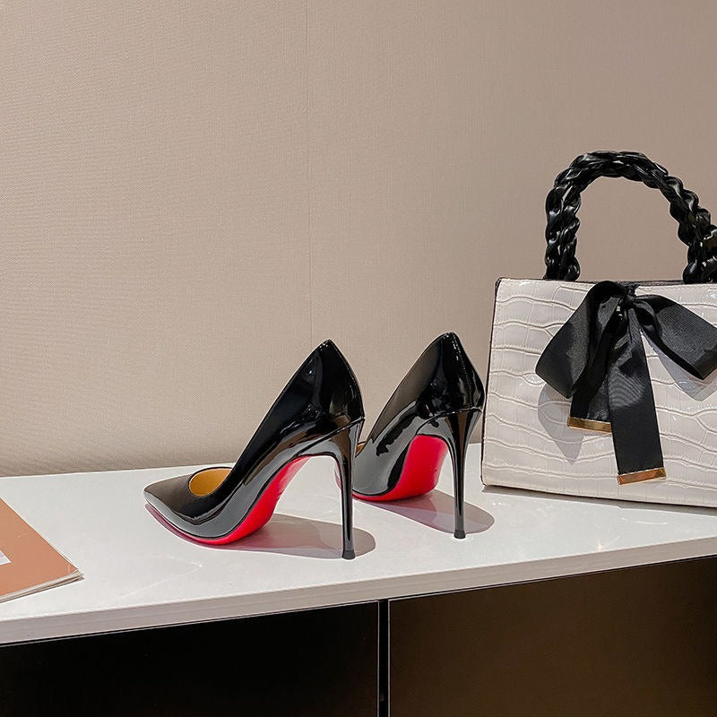 Black Patent Leather Pointed Toe Extreme Stiletto Pumps with Red Sole & Red Lining | Iconic Luxury Power Heels for Women