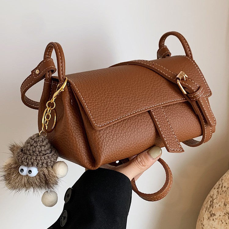 Taupe Brown Leather Crossbody Bag - Structured Flap Bag with Braided Strap & Hedgehog Charm | Small Shoulder Bag