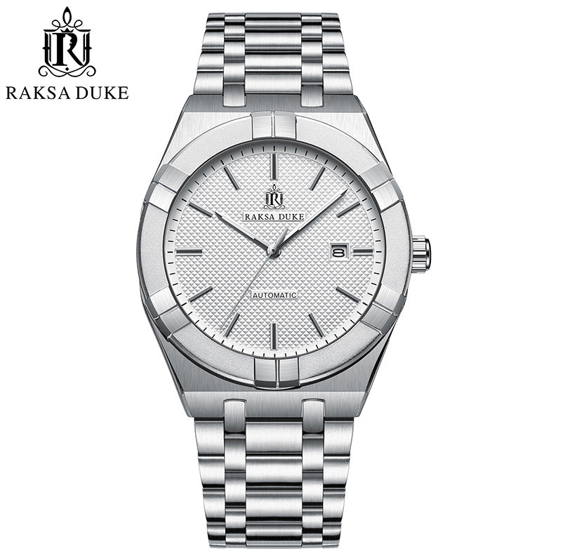 RAKSA DUKE Men's Automatic Watch | Black Textured Dial | Brushed Stainless Steel Bracelet | Self-Winding Mechanical Dress Watch with Date