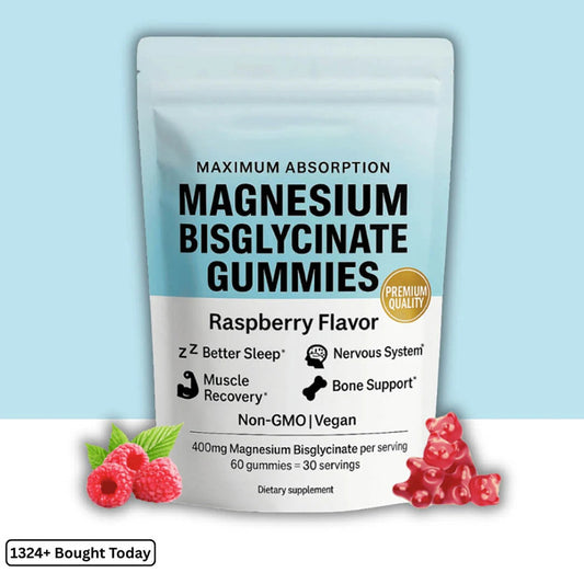 Magnesium Bisglycinat Gummibärchen 400mg Maximale Absorption Himbeergeschmack 60 Stück Vegan gentechnikfrei | Besserer Schlaf Muskelerholung Knochenunterstützung Nervensystem Nahrungsergänzung