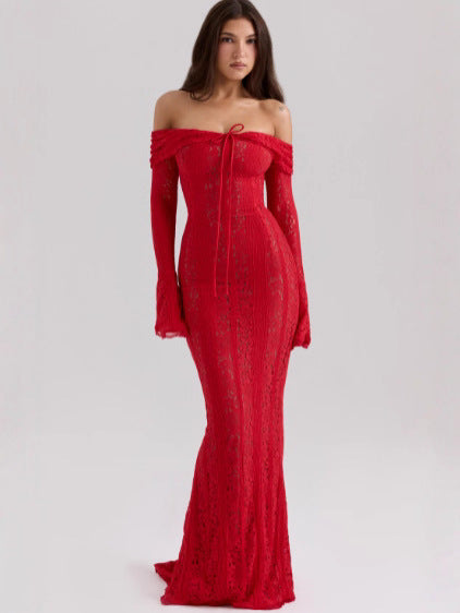 Black Lace Off Shoulder Mermaid Maxi Dress Bell Sleeve Corset Bodycon Gown | Women Elegant Evening Formal Wedding Guest Party Dress