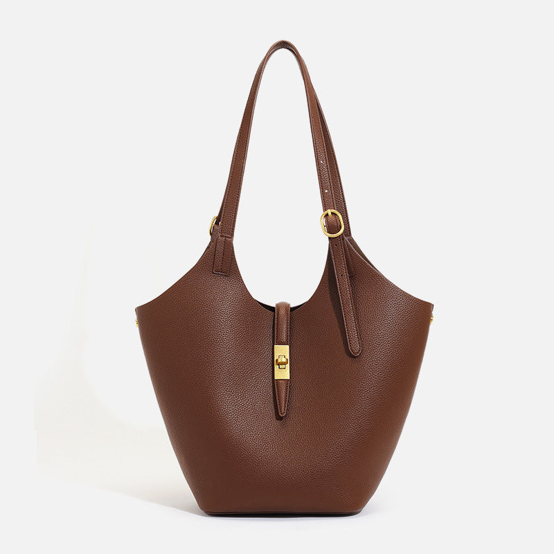 Luxury Leather Bucket Tote Bag with Gold Twist Lock | Women's Designer-Style Shoulder Bag in Beige & Brown Contrast Strap | Everyday Handbag for Work & Travel