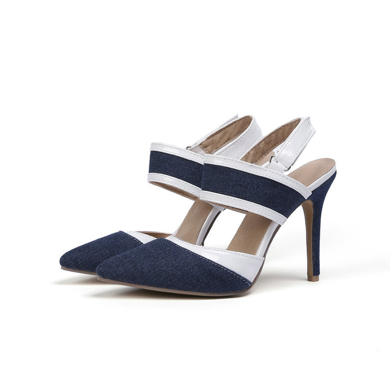 Blue Denim White Trim Pointed Toe Slingback Stiletto Heels | Women's Two-Tone Casual Chic High Heel Pumps