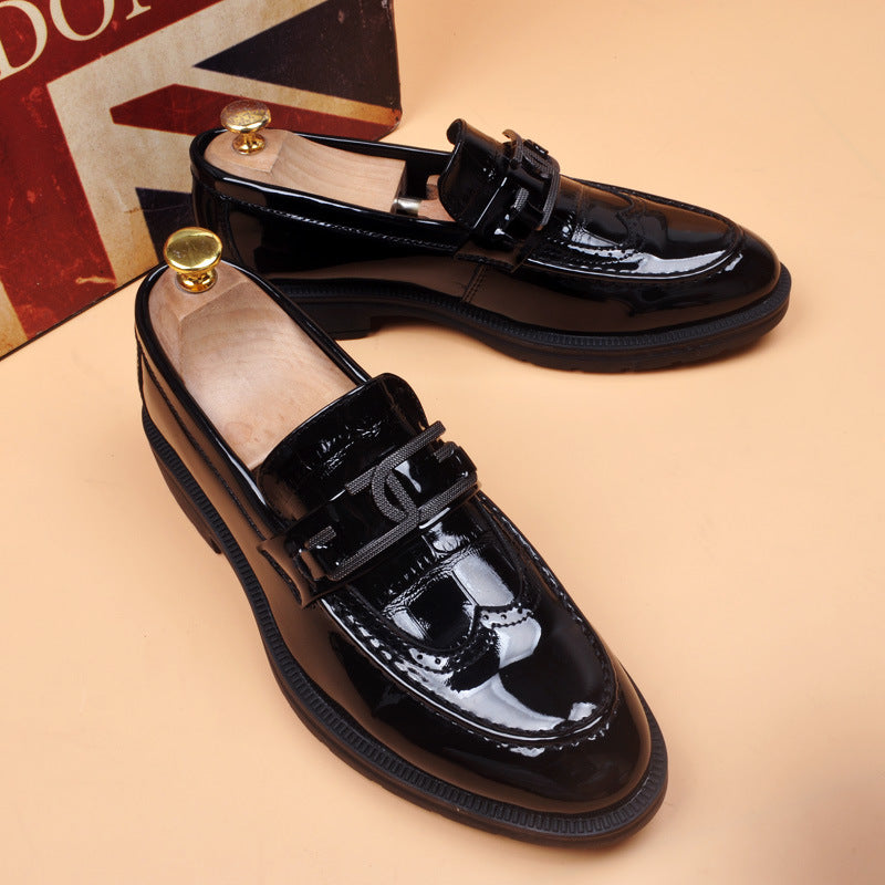 Men's Black Patent Leather Brogue Loafers | Decorative Buckle Strap Chunky Sole Slip-On Dress Shoes