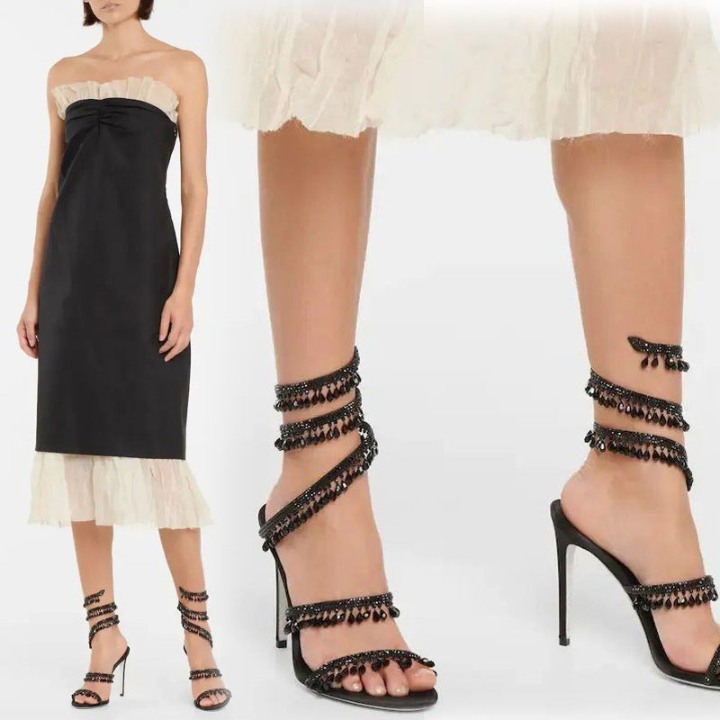 Champagne Nude Crystal Rhinestone Teardrop Fringe Spiral Wrap-Around Ankle Stiletto Sandals | Ultra Luxury Bridal Evening Heels for Women