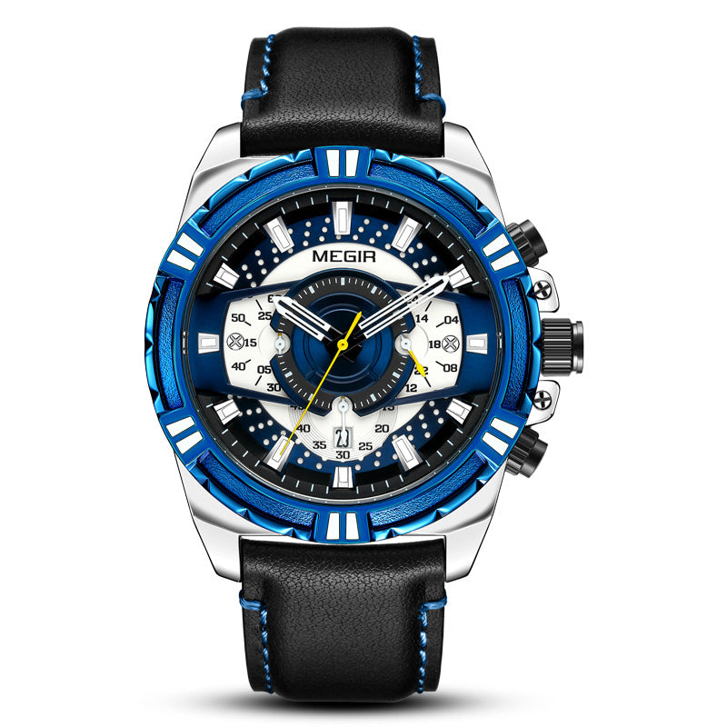 Megir Men's Racing Chronograph Watch | Black Dial Yellow Accent Brown Leather Strap Sport Turbo Style Date Watch