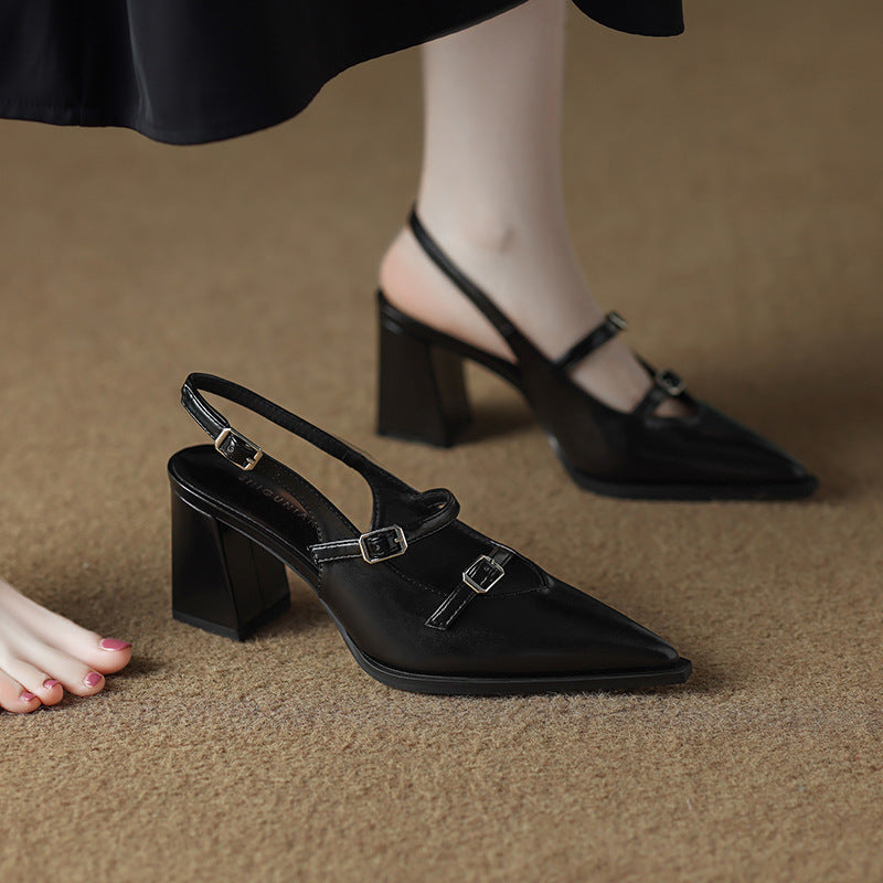 Black Leather Double Buckle Strap Pointed Toe Slingback Block Heel Pumps | Women's Mary Jane Style Mid Heel Shoes