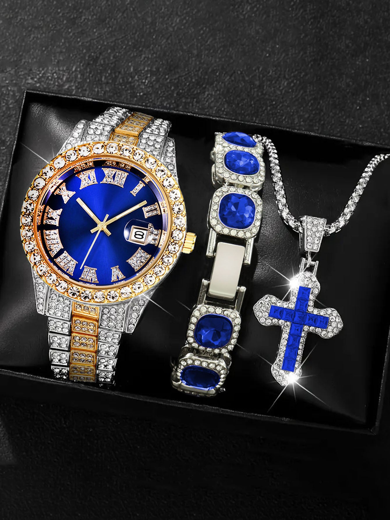 Men's Iced Out Green Emerald Watch Bracelet & Cross Necklace Set | Gold CZ Diamond Hip Hop Jewelry Gift Box