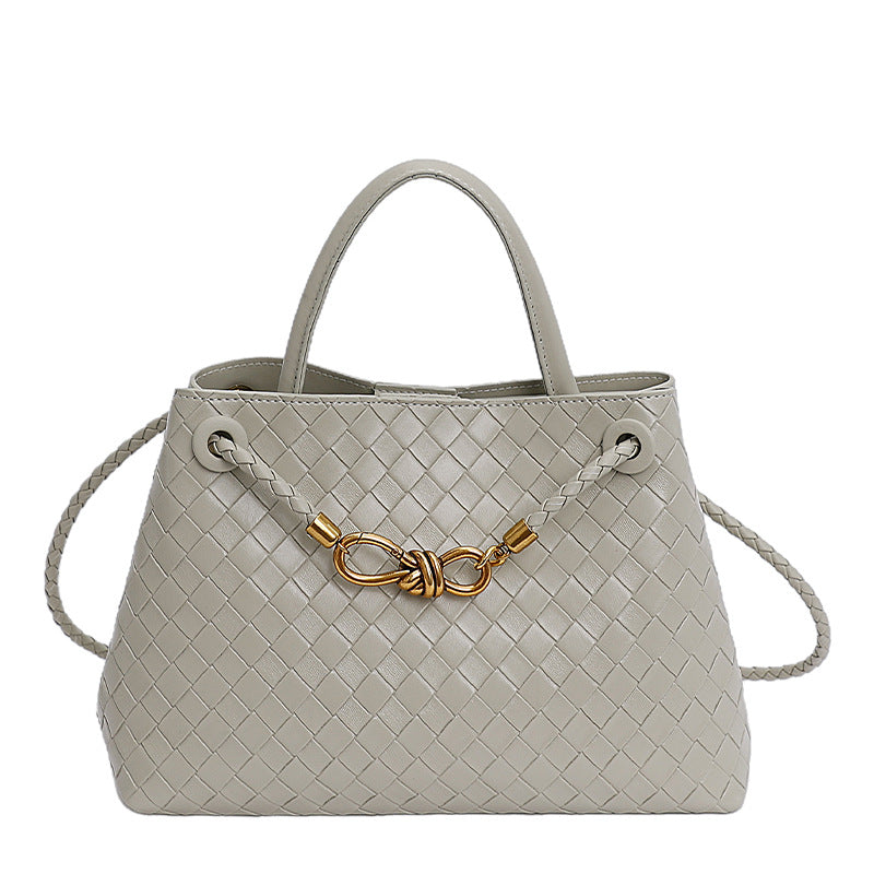 Black Woven Leather Handbag with Gold Knot Hardware | Intrecciato Style Tote Bag