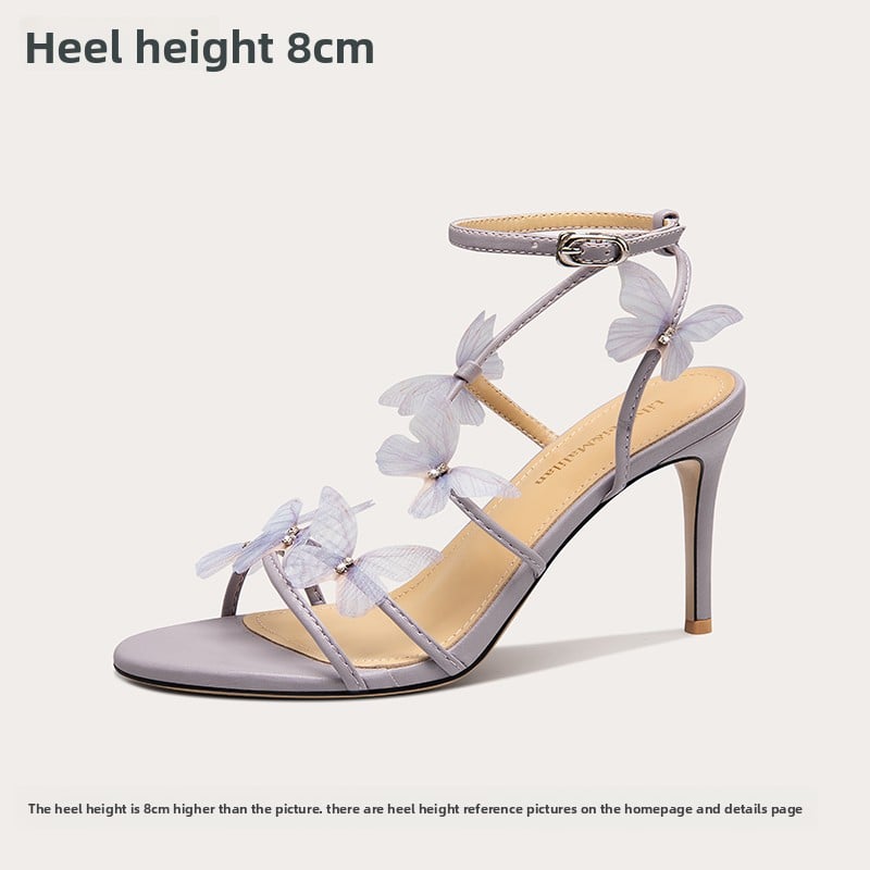 Lavender Grey Butterfly Flower Ankle Strap Stiletto Sandals | 3D Organza Butterfly Embellished Strappy High Heels for Women | Wedding Bridal Fairy Garden Party Shoes