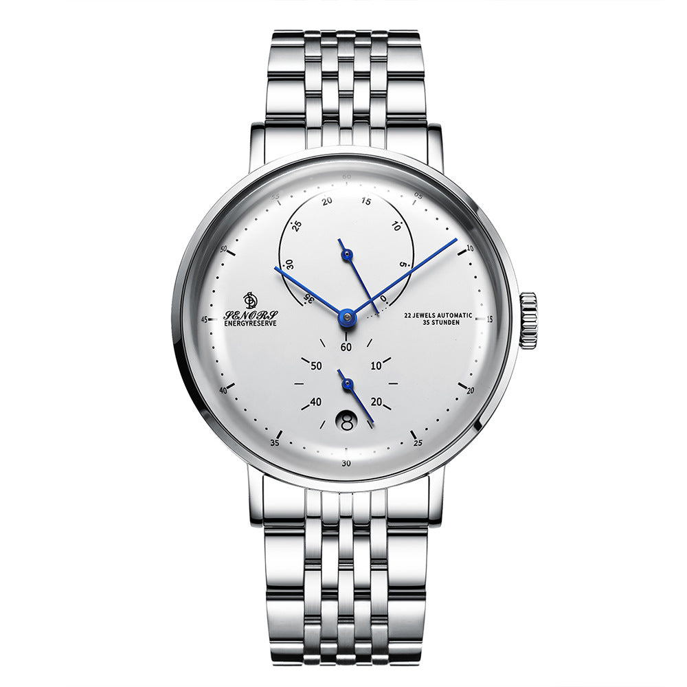 JENORS Energy Reserve Men's Automatic Watch | Black Starfield Dial 22 Jewels Power Reserve Indicator Silver Steel Luxury Timepiece