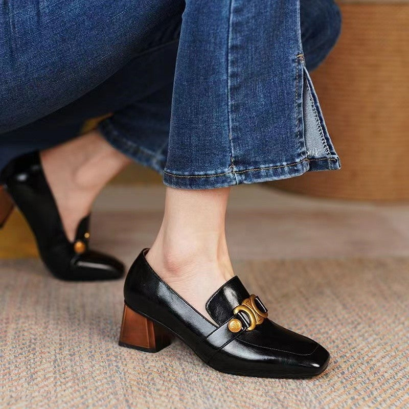 Brown Square Toe Block Heel Loafer Pumps | Women's Gold Chain Hardware Chunky Heel Leather Slip-On Shoes | Retro Luxury Heels
