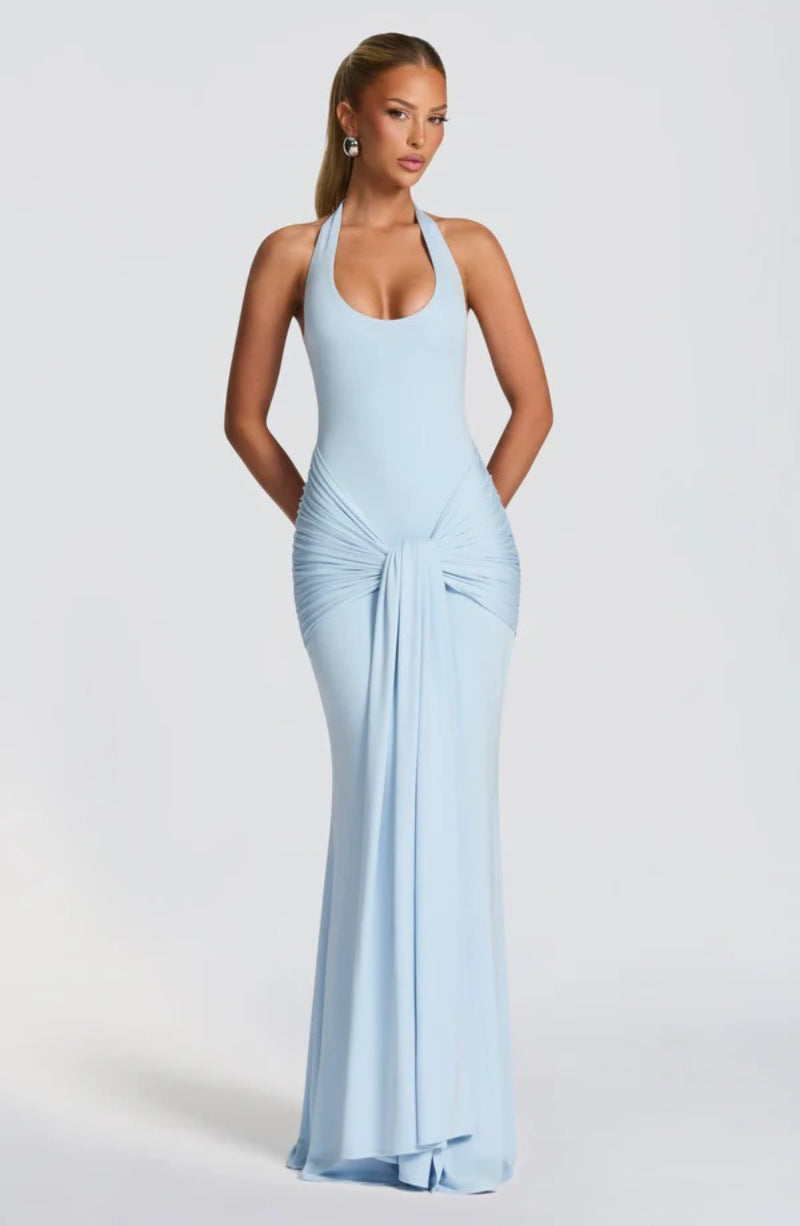 White Halter Neck Maxi Dress | Ruched Twist Front Backless Gown | Elegant Evening Formal Dress for Women
