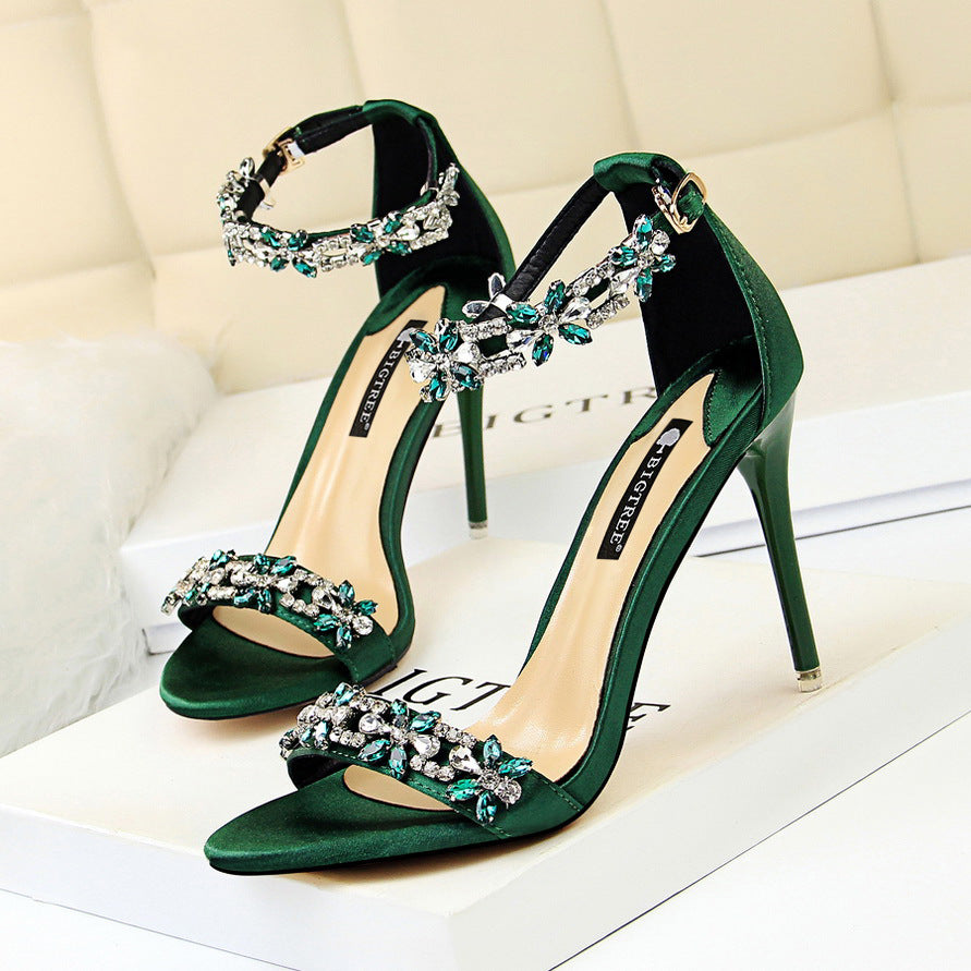 Emerald Green Satin Crystal Rhinestone Ankle Strap Stiletto Sandals | Women's Jeweled Open Toe High Heel Shoes