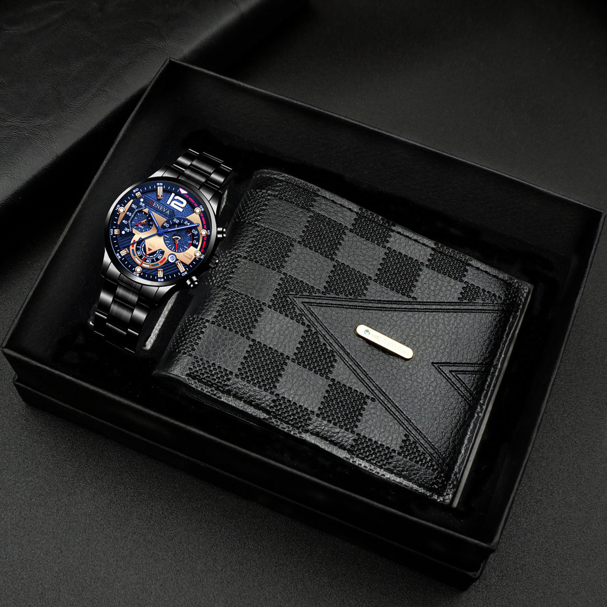 Geneva Men's 3-Piece Black Gift Set | Chronograph Watch + Cuban Link Bracelet + Cross Necklace Luxury Jewelry Box