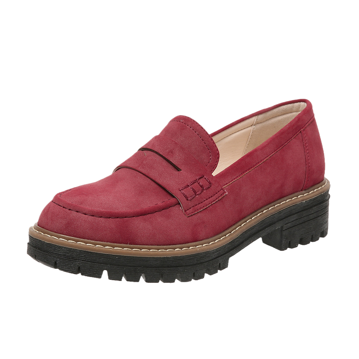 Black Suede Lug Sole Penny Loafers for Women | Chunky Platform Slip-On Loafers | Tan Welt Stitch Detail Loafers | Casual Smart Street Style Shoes