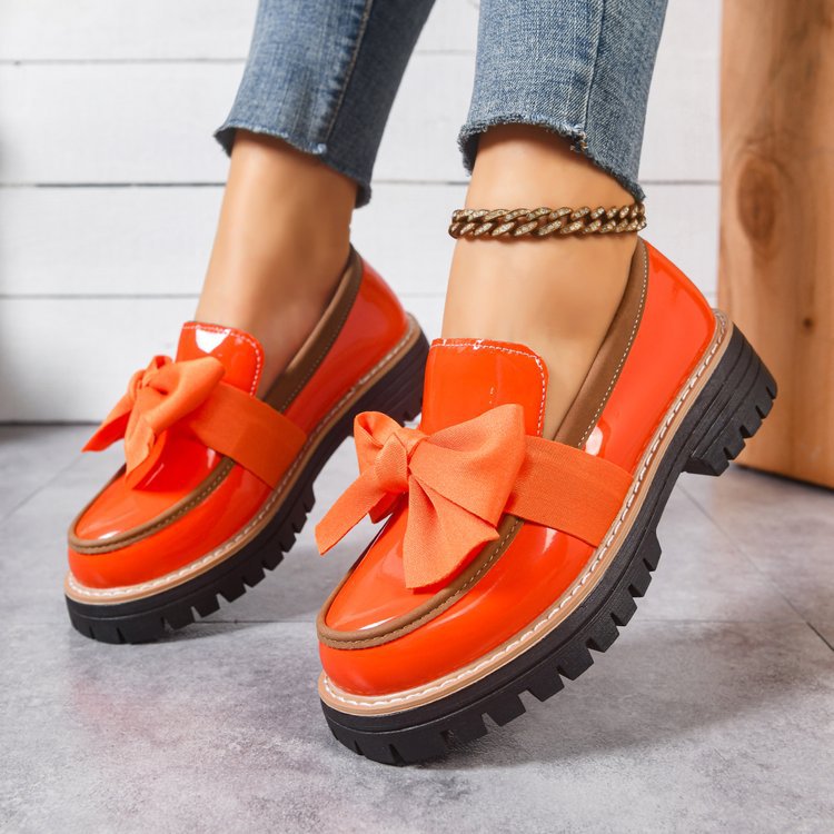 Women's Green Patent Leather Bow Platform Loafers ? Chunky Lug Sole Slip-On Shoes with Ribbon Bow Detail