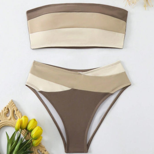 Black White Color Block Bandeau Bikini Set, Strapless Top & High Waist Bottom, Women Bold Contrast Swimwear, Sporty Chic Beach Swimsuit, Minimalist Two Piece Bathing Suit