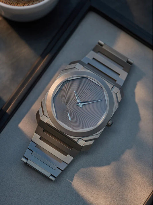 Gunmetal Octagonal Guilloch� Dial Men's Watch | Minimalist Concentric Pattern Integrated Steel Bracelet Luxury Watch