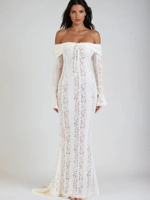 White Lace Off-Shoulder Maxi Dress - Bohemian Long Sleeve Wedding Gown | Beach Bridal Dress with Lace-Up Detail