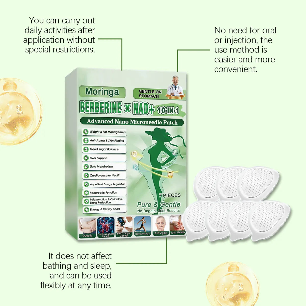 Moringa Berberine NAD+ 10-in-1 Nano Microneedle Patch 3 Pack | Weight Management Blood Sugar Belly Fat Patch