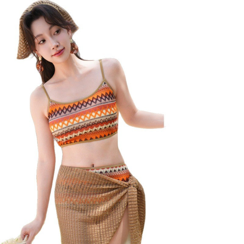 Bohemian Bikini Set with Crochet Sarong Cover Up | 3-Piece Tribal Print Swimsuit | Beach Vacation Swimwear