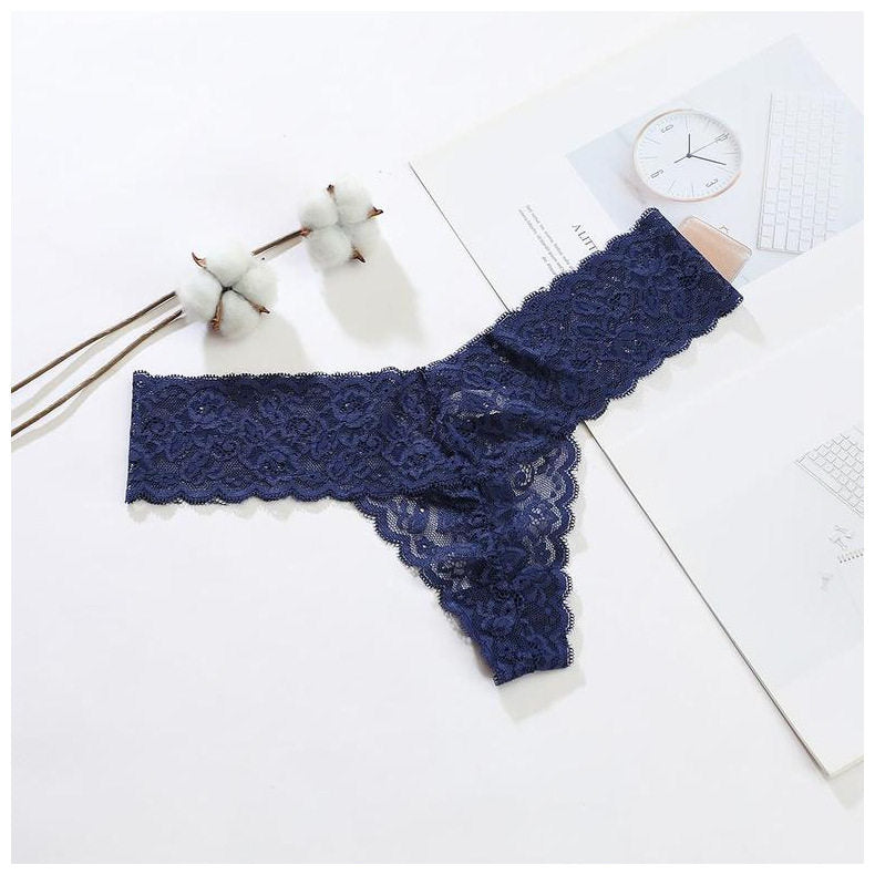 Schwarzer voller Spitzen-Tanga für Frauen, sexy Unterwäsche mit gewelltem Bund, V-Schnitt, freche Höschen, floraler Spitze