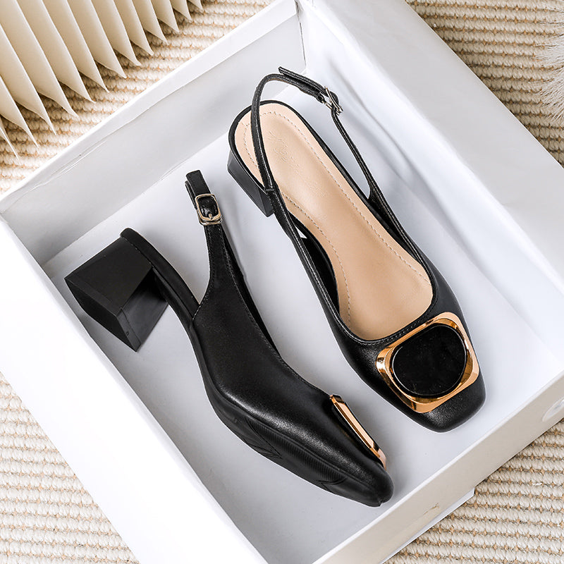 Cream Square Toe Gold Metal Buckle Pumps Women Slip On Mid Heel Elegant Office Party Dress Shoes