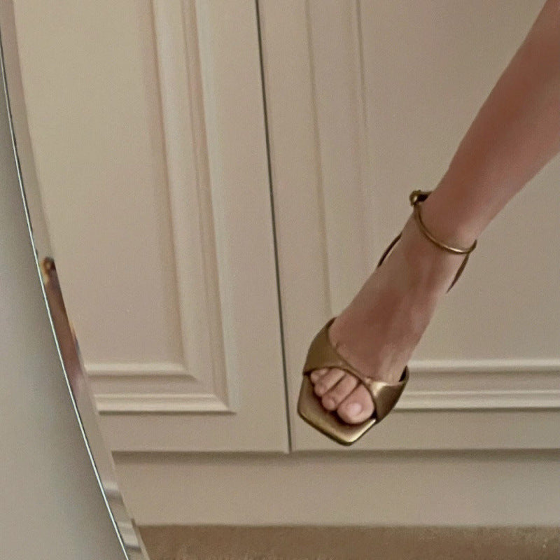 Bronze Gold Metallic Leather Square Toe Slingback Stiletto Sandals with Knotted Twist Toe Strap | Luxury Minimalist Evening Heels for Women