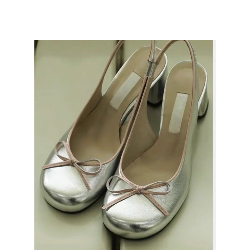 Women's Silver Metallic Slingback Block Heel Shoes | Pink Bow Detail | Ballet Inspired Mid Heel for Women