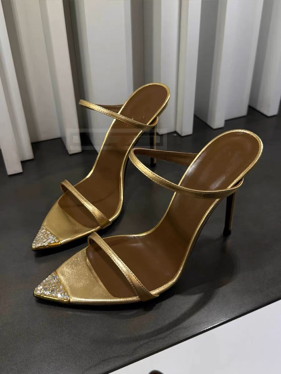 Black Patent Leather Strappy Heeled Sandals with Gold Pointed Toe Cap | Luxury Evening Shoes