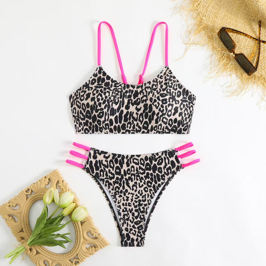 Leopard Print Neon Pink Strap Bikini Set, Crop Top & Triple Strap Cheeky Bottom, Women Animal Print Color Block Swimwear, Bold Beach Swimsuit, Black Tan Hot Pink Two Piece Bathing Suit