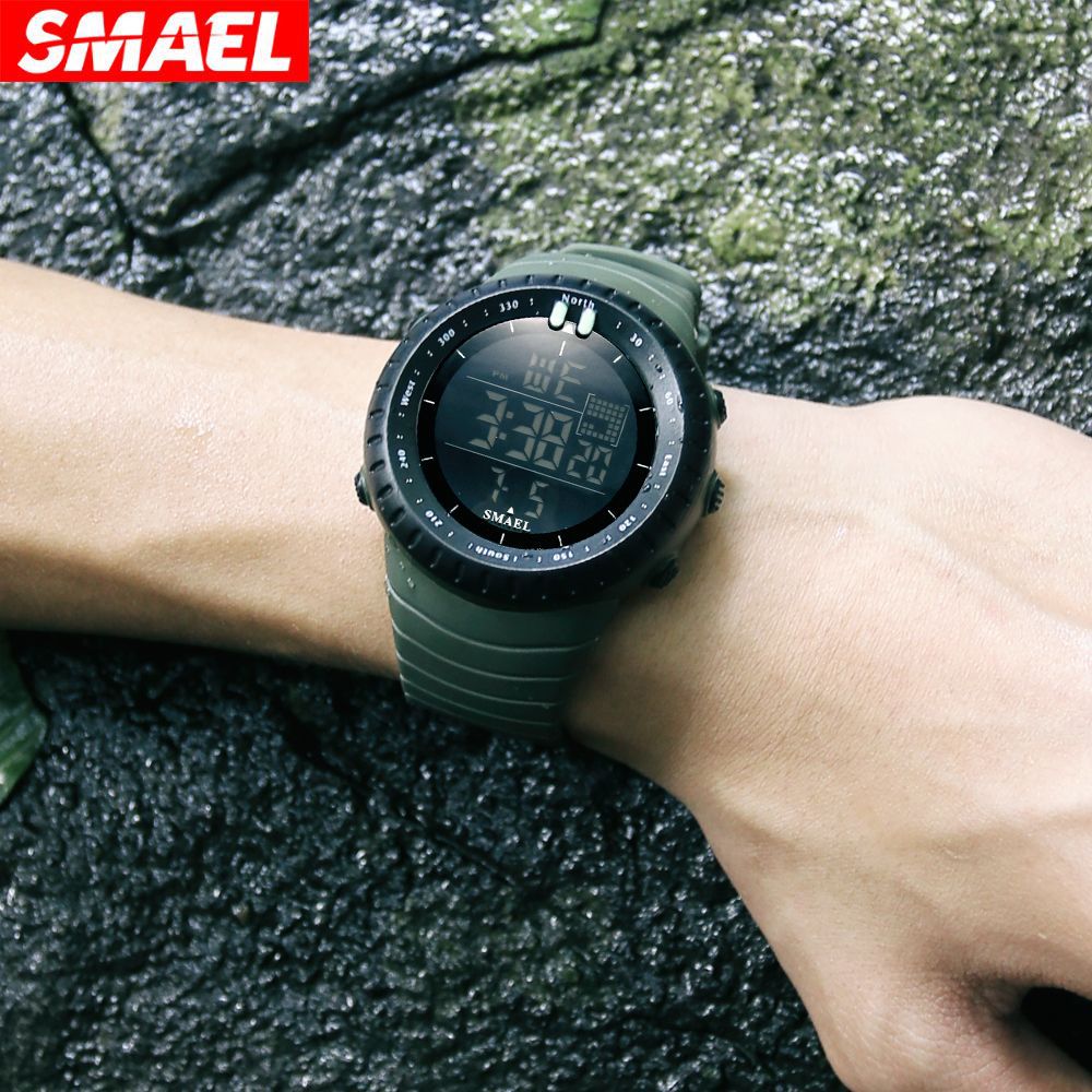 SMAEL Men's Digital Sport Watch | Compass Bezel Black Orange | Military Tactical LED Outdoor Watch with Calendar & Alarm