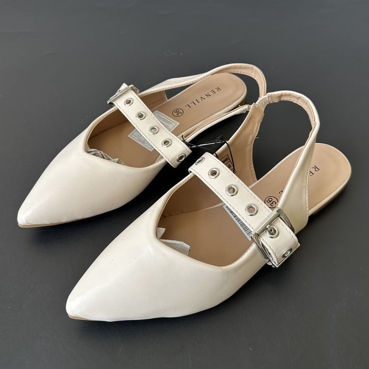 Women's Cream Pointed Toe Slingback Flats with Eyelet Buckle Strap ? Elegant Minimalist Mary Jane Style Shoes