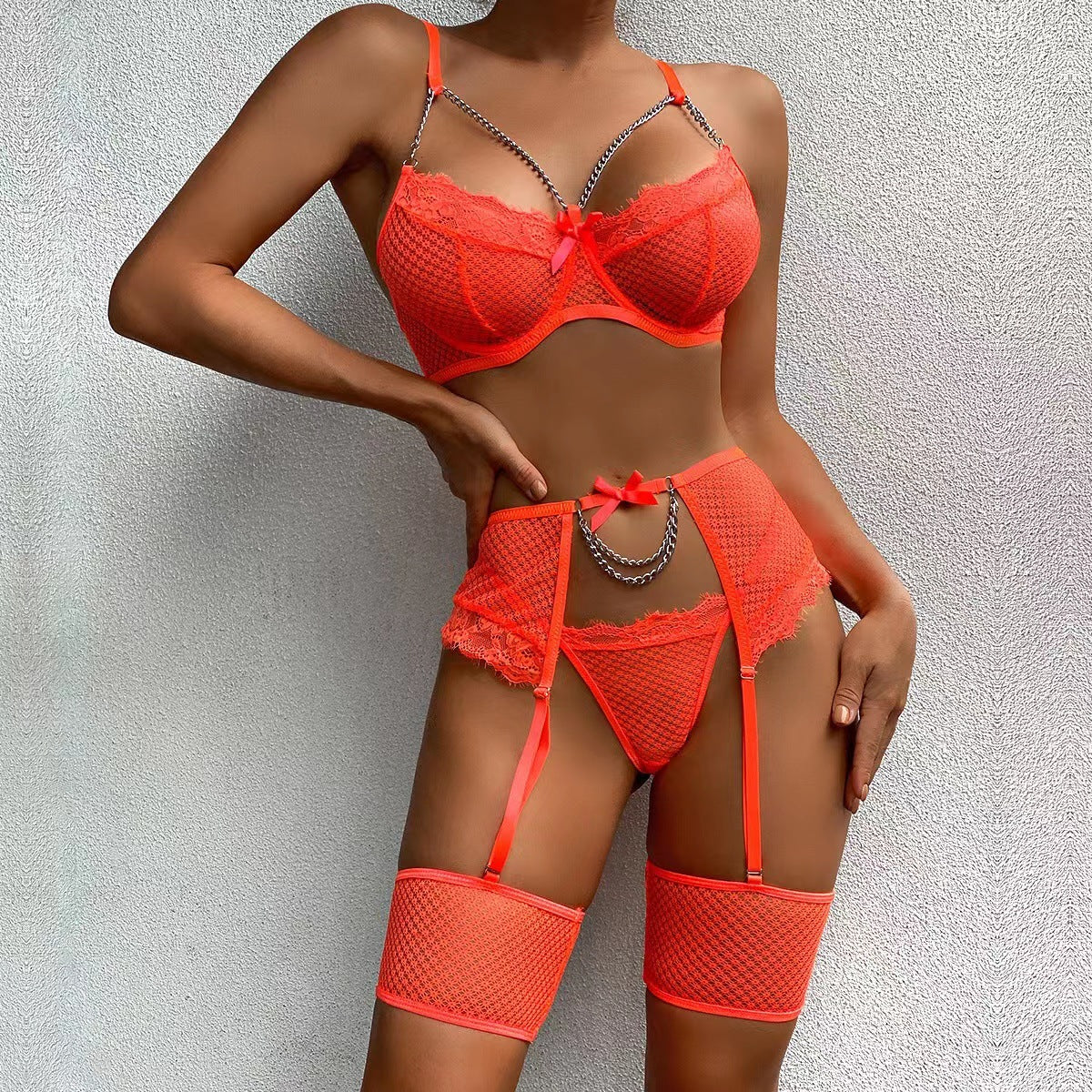 Leopard Print Lingerie Set with Chain Detail | 4-Piece Lace Trim Bra Garter Belt Thong Thigh Band | Sexy Animal Print Intimate Wear