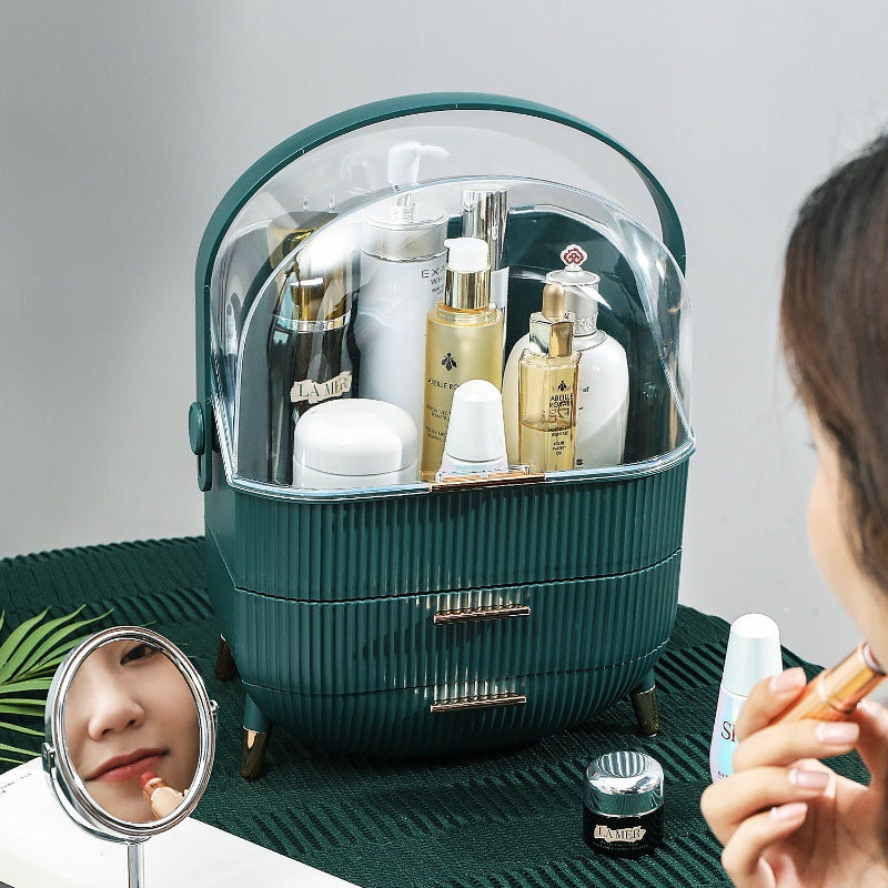 Luxury Makeup Organizer with Clear Lid and Drawers | Portable Cosmetic Storage Box with Handle and Gold Accents | Vanity Skincare Organizer