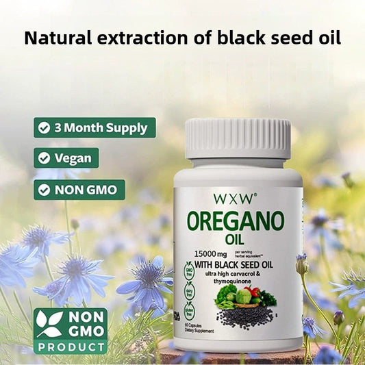 WXW Oreganoöl mit Schwarzkümmelöl-Kapseln – 15000 mg ultrahoher Carvacrol- und Thymoquinongehalt | 60 Kapseln | Gentechnikfrei, laktosefrei und glutenfrei