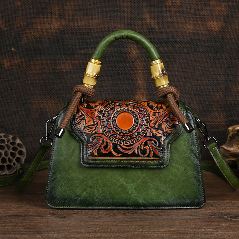 Black Leather Handbag with Tooled Design - Artisan Embossed Shoulder Bag with Braided Handle | Bohemian Ethnic Satchel