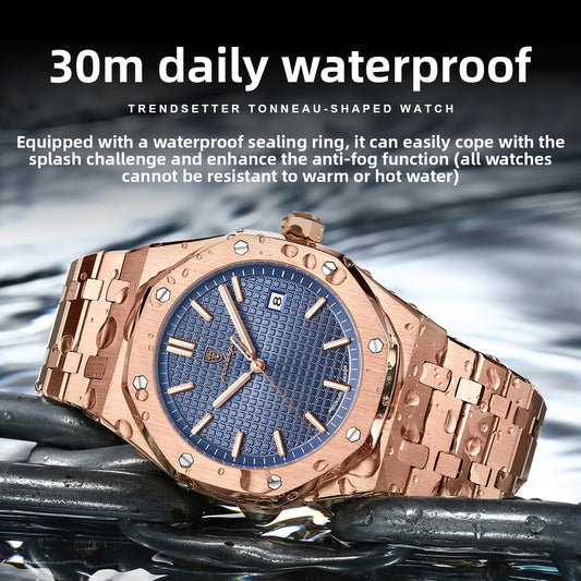 Poedagar Rose Gold Watch for Men | Blue Dial Luxury Steel Quartz Watch with Date