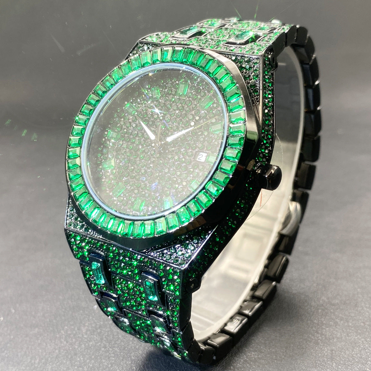 Iced Out Emerald Green Watch for Men | Full Pave CZ Baguette Bezel Luxury Hip Hop Watch with Date
