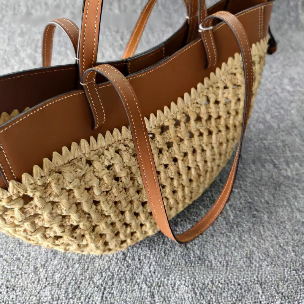 Pol�ne Style Natural Raffia Woven Tote Bag with Tan Leather Trim, Luxury Crochet Straw Market Basket Handbag Women, Boho Summer Beach Shopper, Elegant Vacation Gift
