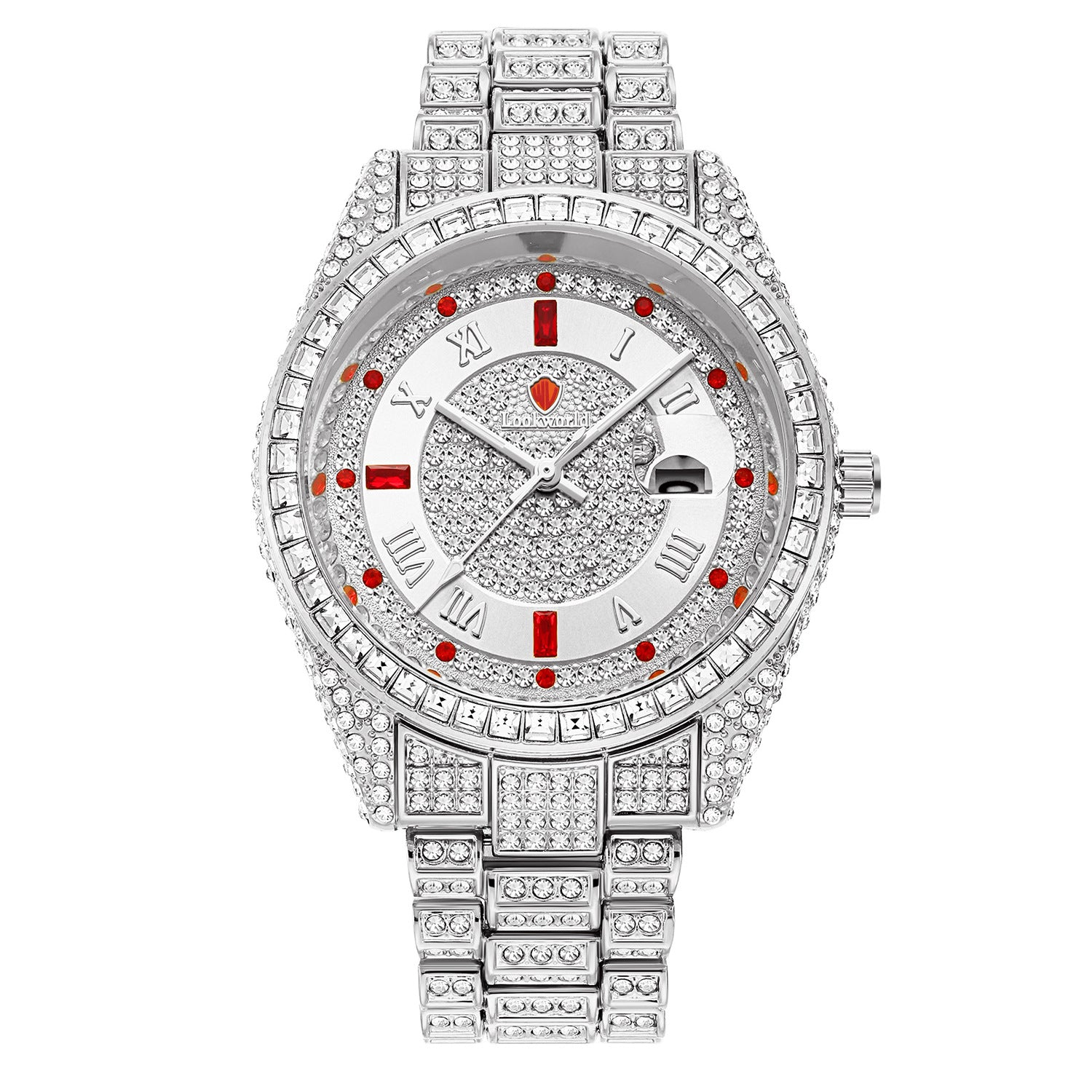 Iced Out Watch Men | Full CZ Diamond Bracelet | Red Ruby Baguette Bezel | Roman Numeral Hip Hop Luxury Watch | Date Display