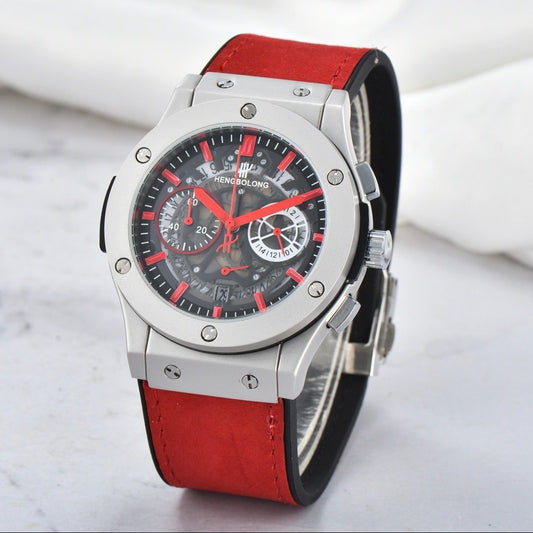 Hengbolong Skeleton Chronograph Men's Watch | Silver Screw Bezel Sky Blue Suede Strap Hollow Dial Date Watch