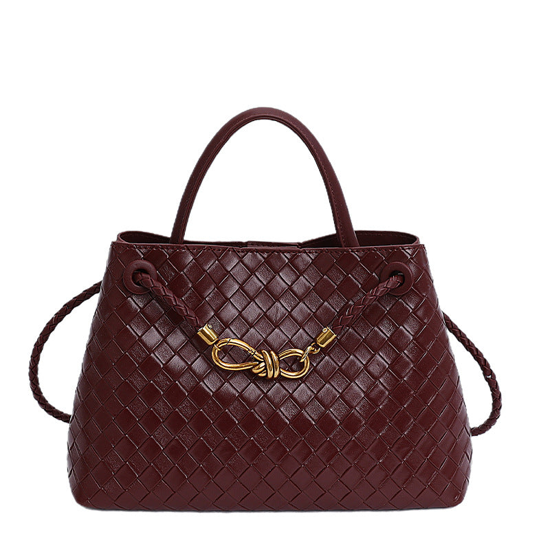 Black Woven Leather Handbag with Gold Knot Hardware | Intrecciato Style Tote Bag