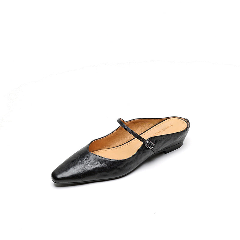 Handmade Leather Pointed Toe Mule Sandals for Women | Buckle Strap Flat Mules | Available in Black Beige Burgundy | Elegant Artisan Leather Flat Shoes | Luxury Handcrafted Mules